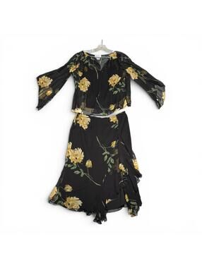 Vintage 90s Silk Randolph Duke Black Floral Sheer Two-Piece Skirt Set Size 8